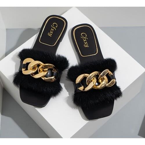 Hot Women Luxury Plush Fur Metall Chain Slides Ladies Quality Rubber Slippers Girl Fluffy Fur Chain Beach Flips Flops Plus Size