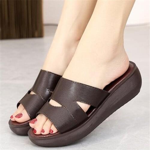 Summer Soft Leather Muffin Slippers Woman Comfortable Beach Flip Flops New Platform Sandalias Mujer Wedge Heel Shoes Brown Black