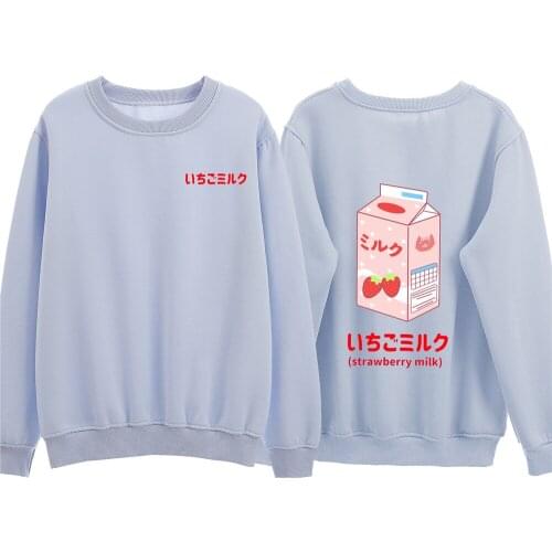 Strawberry Milk Sweatshirt Printed Pullover Streetwear Cotton Harajuku Oversized Hoodie Kawaii Kpop Clothes Sweetshirt for Girls
