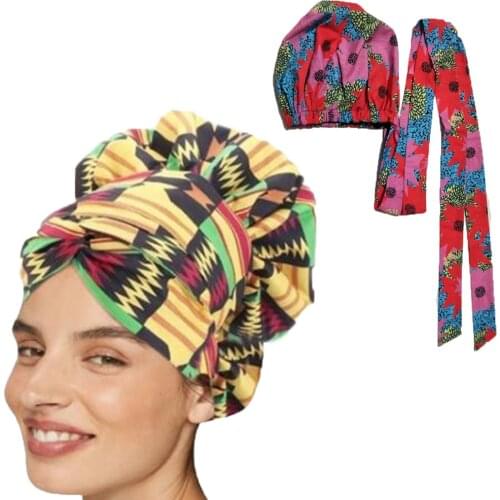 2021 African Ankara Turban Pattern Satin Linned Bonnet Women Long Ribbon Headwrap Double Layer Headscarf Big Size Hair Cover