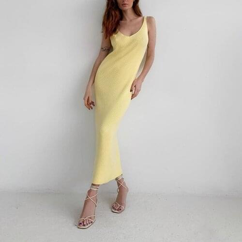 MEIYANGYOUNG V Neck Spring Womens Dress Summer Clothes for Women Knitted Maxi Dress Casual Spaghetti Strap Ladies Dresses 2021