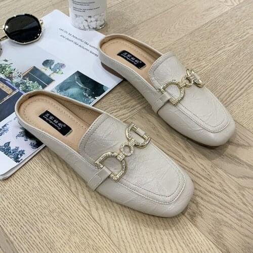Plus size woman mules shoes 40 41 42 New 2021 sandals tassel chains metal buckle design slippers square toe back strap mules