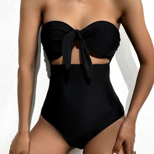 2021 Women One Piece Swimsuit Hollow Out Monokini Bandage Bow-knot Swimwear Summer Beach Wear Sexy Solid Bathing Suit S~XL