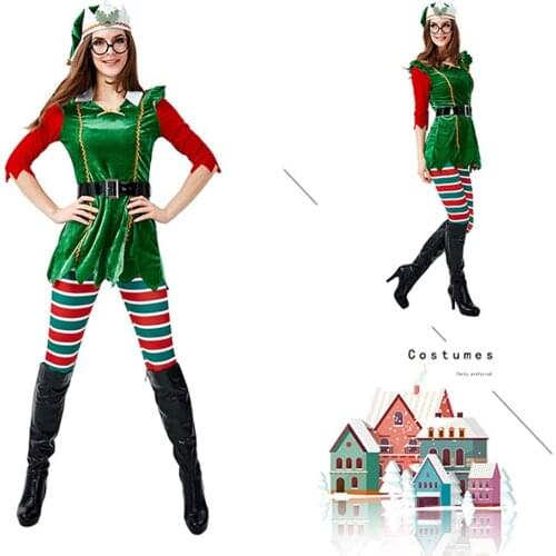 Green Elf Costume Women Christmas Tree Cosplay Costume Girl Cosplay Masquerade Party Evening Clothes Winter Cool Christmas Suit