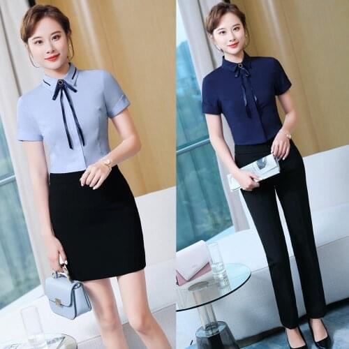 Summer Women Blouses & Shirts with Necktie Office Ladies 2 Piece Pant Skirt and Top Set Short Sleeve OL Styles