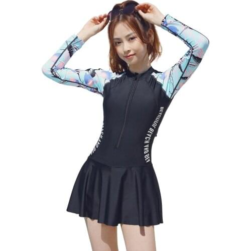 Female Sport One Piece Swimsuit Ruffle Swim Skirt Long Sleeve Swimwear for Women Stretch Surf Rash Guards Bathing Suit Beachwear