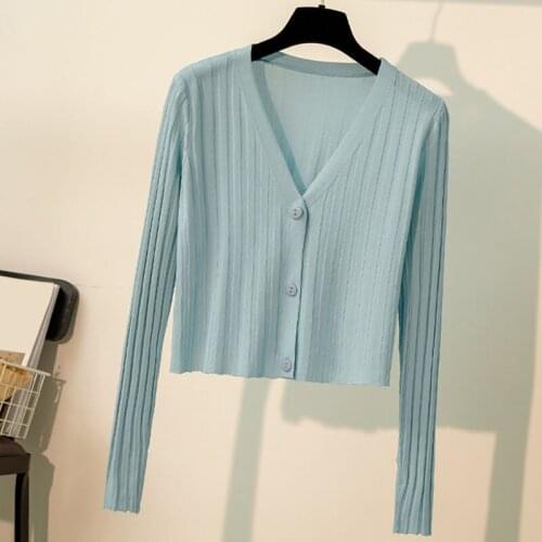 Women Thin Knitted Cardigan Korean Short Knitted Fashion Sun Protection Top 2021 Summer V-Neck Cardigan