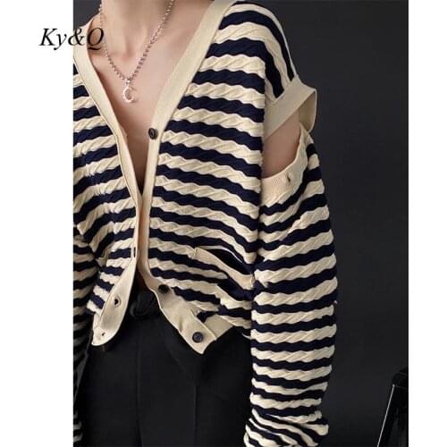 Y2K Designer Hollowed Out Stripe Knitted Cardigan Womens 2021 New Chic Button Sleeve Casual Sweater Coat Fashion Brand Clothes