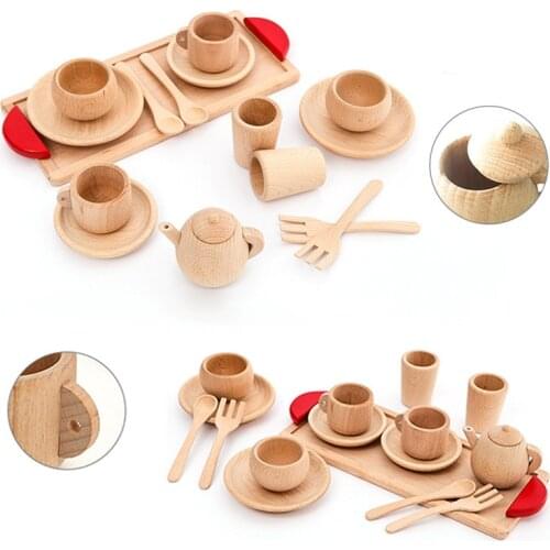 16 pcs Wooden Teapot Tea Set Preschool Toy Games Educational Game For Children Soild Beech Saucer Cup Salver Teapot Coffee Set