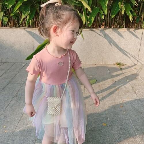 2020 Summer New Girls Sweet Dress Korean Knit Stitching Dress Childrens Rainbow Mesh Princess Dress 1-7 Years
