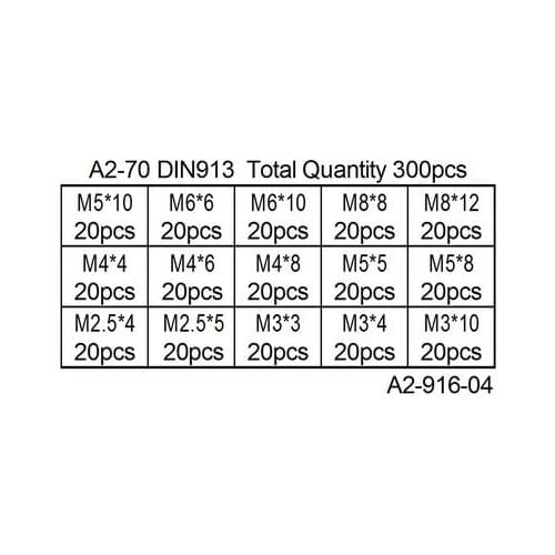 300Pcs/Set M2.5M3M4M5M6M DIN913 304 Stainless Steel Metric Thread Grub Screw Flat Point Hexagon Socket Set Screws Headless