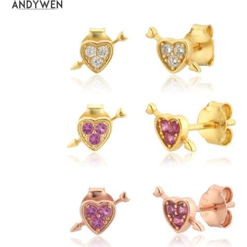 ANDYWEN 925 Sterling Silver Colorful Gold Love Zircon Pink Valentiens Wedding Pink Crystal Luxury Gift 2021 Pierce Your Heart