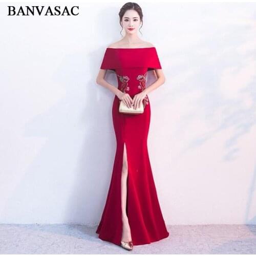 BANVASAC 2018 Lace Flowers Embroidery Mermaid Long Evening Dresses Party Boat Neck Short Sleeve Split Backless Prom Gowns
