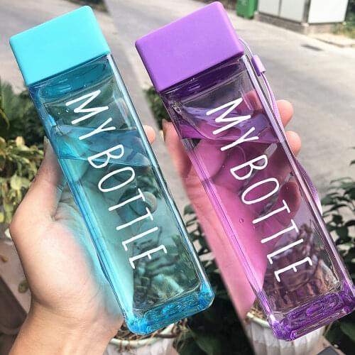 New Water Bottle Transparent Square Plastic Matte Drink Cup Outdoor Cold Juice Milk Sport Bottle With Portable Rope Leakproof