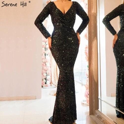 Black Dubai Long Sleeve Sequined Evening Dresses 2020 V-Neck Luxury Sparkle Evening Gowns Serene Hill DLA60852