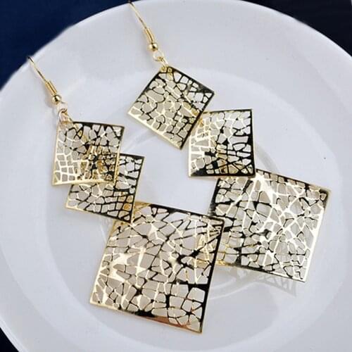 LNRRABC Long Dangle Drop Earrings Hook Hollow Square Gold Color Golden/Silvery Evening Party Earring Fashion Jewelry