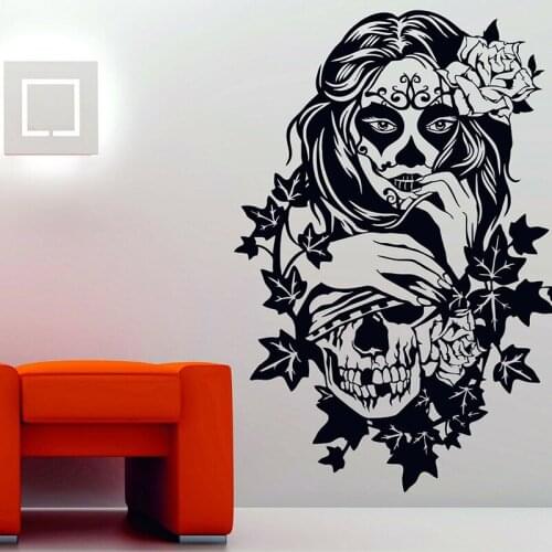 Graffiti Candy Sugar Skull Floral Girl Wall Sticker Rockabilly DJ Tattoo Beauty Girl Sketch Salon Wall Decal Playroom Vinyl Dec