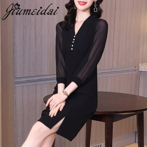 JiuMeiDai 2021 Women Spring A-Line Dress Office Lady Elegant Black Solid Dresses Female V-Neck Fahion Party Clothing Plus Size