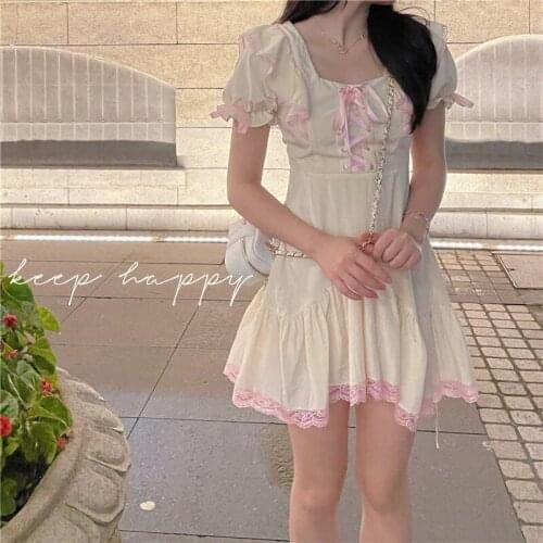 Japanese Sweet Girly Preppy Style Kawaii Square Collar Lace Bandage Bow Lolita Dress Cute Puff Sleeve A-Line Slim Princess Dress