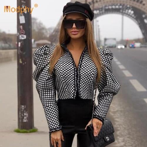 Ruched Plaid Coat Women O Neck Bubble sleeves Short Female Coat Streetwear 2020 Autumn Fashion New Clothing