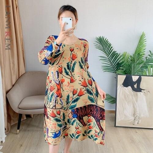 LANMREM Pleated Printing Dress For Women Summer Autumn New Style Loose Large Size Vintage Floral Dresses Gift For Mom 2D5012