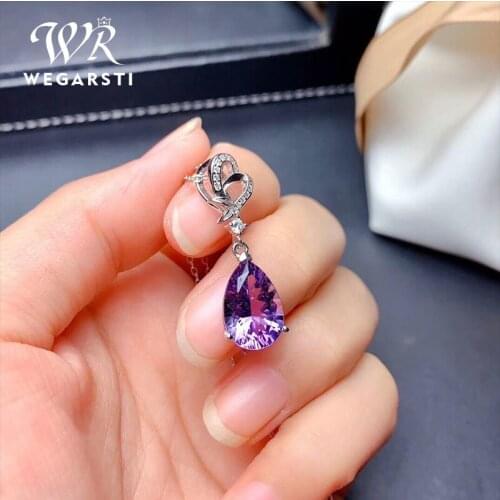 WEGARSTI 925 Silver Jewelry Vintage Water Drop Amethyst Pendant With Chain Necklace Pendant Solid Women Jewelry Wholesale