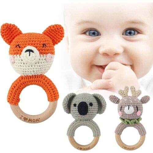 Cartoon Crochet Animal Koala/Elk Rattle Baby Wooden Teether Ring Infant Teething Nursing Soother Toys for Newborn Shower Gifts