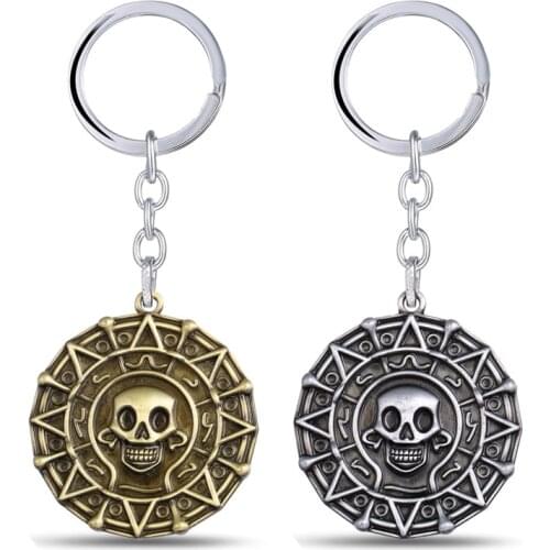 New Pirates Of The Caribbean Aztec SKull Round Coin Keychain Alloy Gold Bronze 3 Colors Coin Keyring llaveros porte Clef Trinket