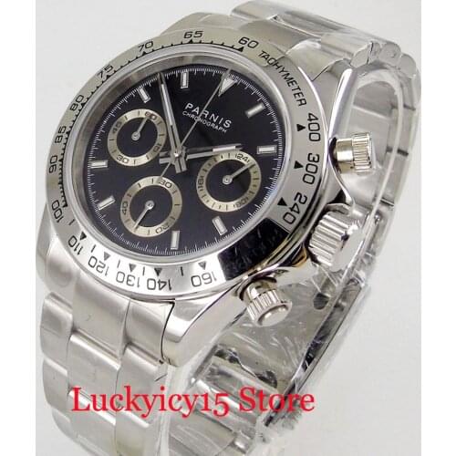 PARNIS Round Sapphire Glass Quartz Mens Watch Silver Color Watch Case Chronograph Function 39mm Wristwatch