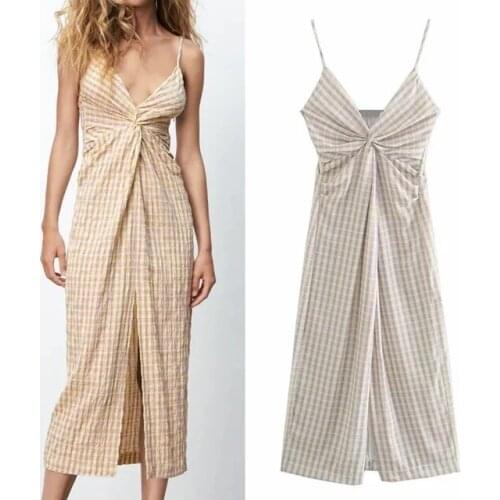 Za 2021 Plaid Dress Women Midi Slip Dress Woman Fashion Knot Strap Backless Summer Long Dresses Ruched Slit Sexy Dresses