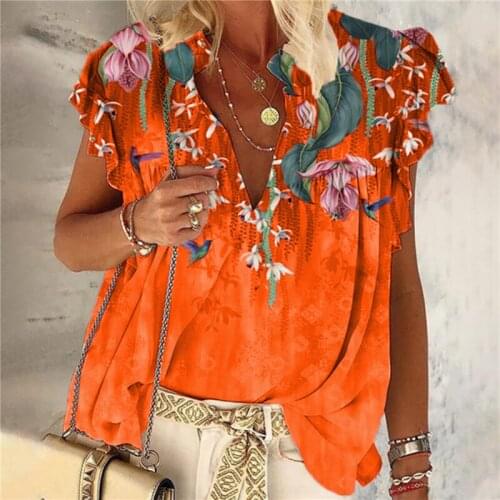 Casual Womens T Shirts Fashion Print Short Sleeve Loose T-shirt V-Neck Loose Blouse Ladies Female Tops