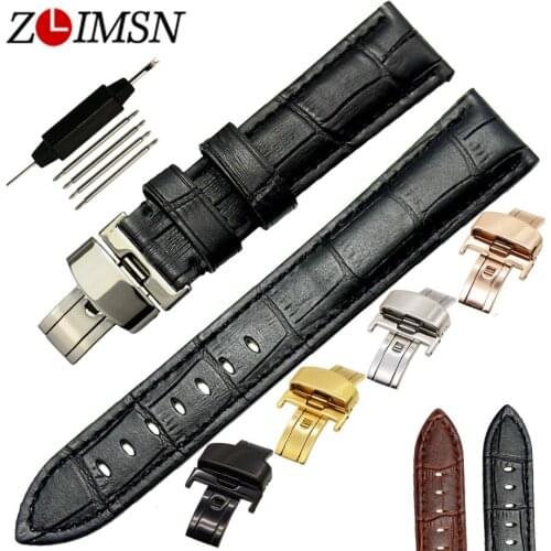 ZLIMSN Stainless Steel Butterfly Buckle Crocodile Grain Watch Bands Genuine Leather Strap Replacement Brown Black 18 20 22 24 mm