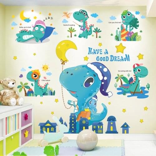 [SHIJUEHEZI] Cartoon Dinosaur Animals Wall Stickers DIY Stars Moon Wall Decor Decals for Kids Room Baby Bedroom Home Decoration