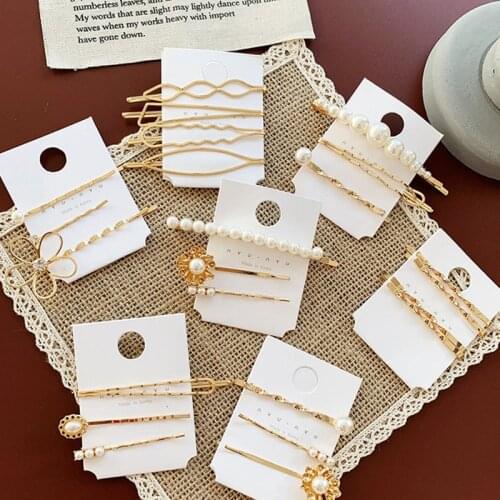 New 1 Set Girls Hair clips Wavy geometric metal Pearl Flower hairpin set basic bangs clip Korean Hair Accessories Female D2230