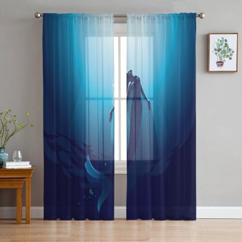 Mermaid Silhouette Window Curtains Living Room Tulle Curtains Kitchen Decor Kids Room Curtain Window Treatment