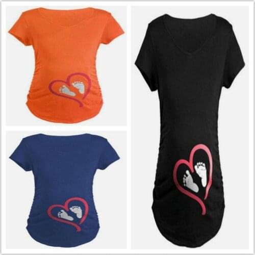 Women Maternity Short Sleeve Cartoon Print Top T-shirt Pregnancy Clothes Footprint High Pregnant Schwanger Bluse Funny Tee S-3XL