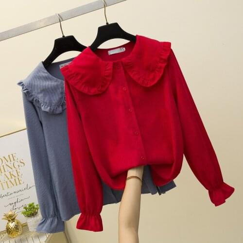 Red Corduroy Long-Sleeved Plus Size Korean Autumn Elegant Fashion Blouses And Tops WomenS Oversize Shirt Clothing 2021 Female
