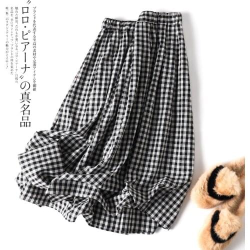 Japan Style Cotton linen Black White Plaid Skirt Elastic Waist Big Hem A-line Skirts Women