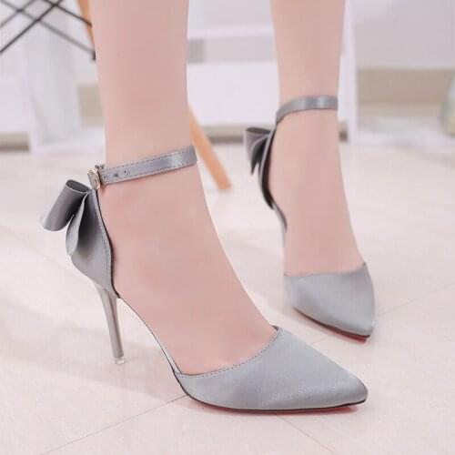 2020 women fashion slip on sweet bow high heelshoes buckle thin heeled high-heelclosed toe sandals pink lady wedding shoes