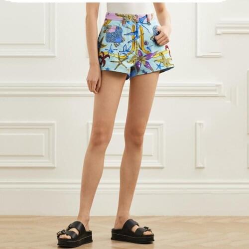 2021NEW fashion ocean shell printed wide-leg denim shorts, summer high-end quality casual fashion all-match printed denim shorts