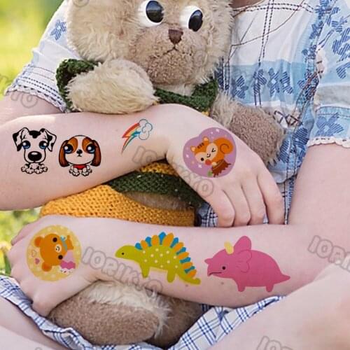 Watercolor Bear Dog Temporary Tattoos For Kids Boys Girls Baby Lovely Dinosaur Tattoos Sticker Fake Rianbow Small Tatoos Hands