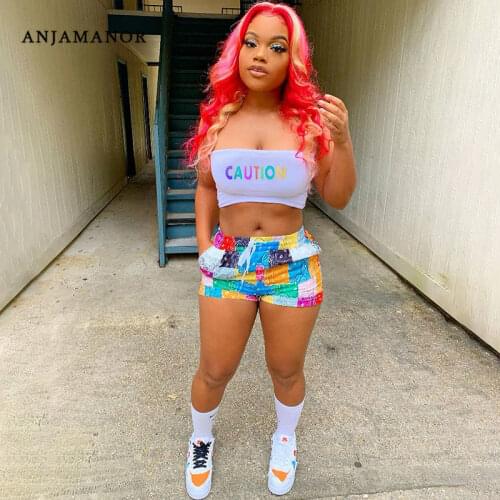 ANJAMANOR Sexy Colorblock Bandana Shorts Crop Top Two Piece Outfits for Women Birthday Clubwear Street Style Sweatsuits D18-CC17