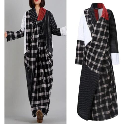 Oversized Asymmetrical Dress Woman Spring Sundress ZANZEA Casual Long Sleeve Plaid Vestidos Female V-Neck Patchwork Retro Robe