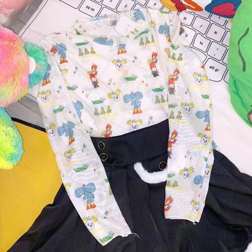 White Long Sleeve Women T-Shirt Y2k Cartoons Print Sweet Slim Knitted Tops Japanese Harajuku Fashion All-match Bottoming Shirt