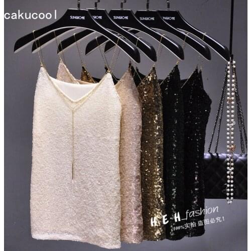 Cakucool Shiny Sequined Tank Gold Chain V neck Embellish sexy slim Camisole party club Basic Spaghetti Female Large size