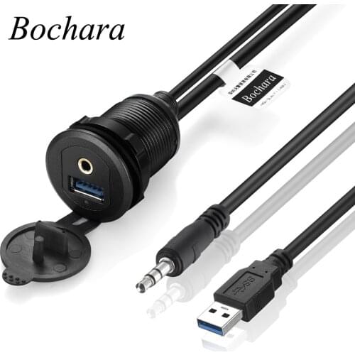 Bochara Flush Mount Panel USB 2.0 USB 3.0 3.5mm Extension Dashboard Cable For Car Motorcycle Metal Shell with indicator light