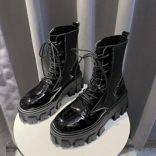 Patent Leather Black High Platform Boots Women Fashion Boots Women 2021 Non-slip Wear-resistant Sole Ankle Boots Ladies