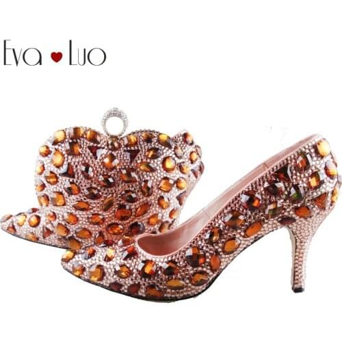 BS991 DHL Custom Made Peach Coffee Brown Crystal Shoes With Matching Bag Set High Heels Women Shoes Bridal Wedding Shoes