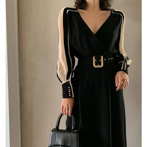 Black dress womens 2020 French slim Chiffon panel design Dress -04