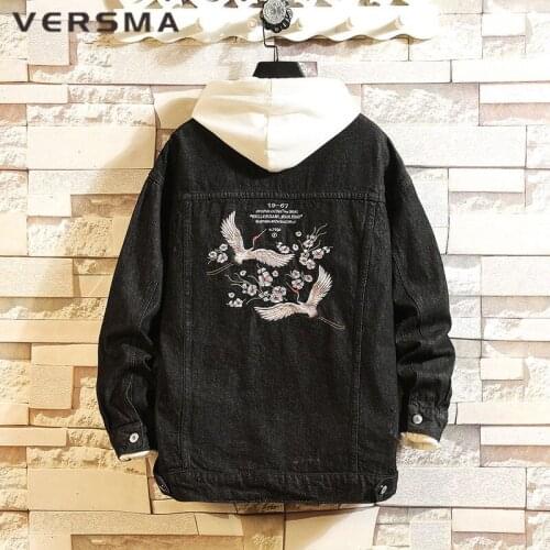 VERSMA Autumn Trendy Crane Embroidery Jean Jackets Plus Size Kpop Cropped Motorcycle Cowboy Denim Jacket Men Women Dropshipping